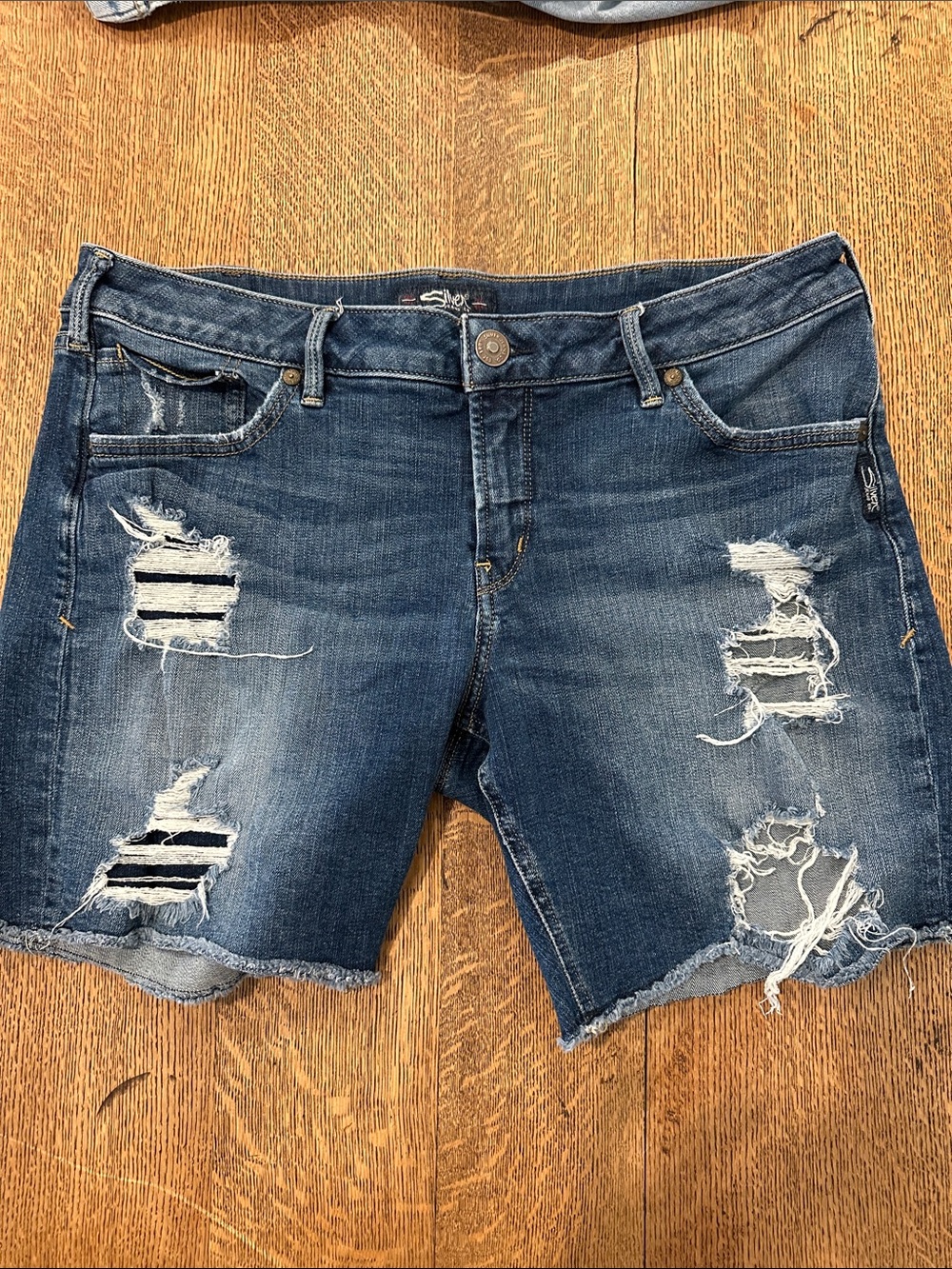 Silver Jeans Distressed Dark Blue Denim Shorts